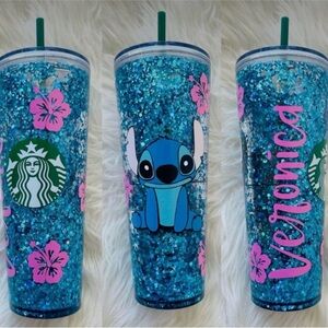 Starbucks Blue Glitter Tumbler with Stitch Design